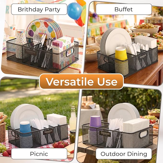 Paper Plate Organizer for Cabinet, Counter, Picnics, Parties & More, Extra Large Utensil Caddy Crafted of Thick Iron Mesh With 6 Compartments for Paper Plates & Plastic Silverware