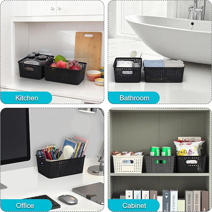 Soddeph 3 Pack Plastic Storage Baskets with Handles,Stackable Organizer Bins for Closet, Bathroom, Kitchen, Office, Shelf and Cabinet Organization (Black, Grid-3PACK)