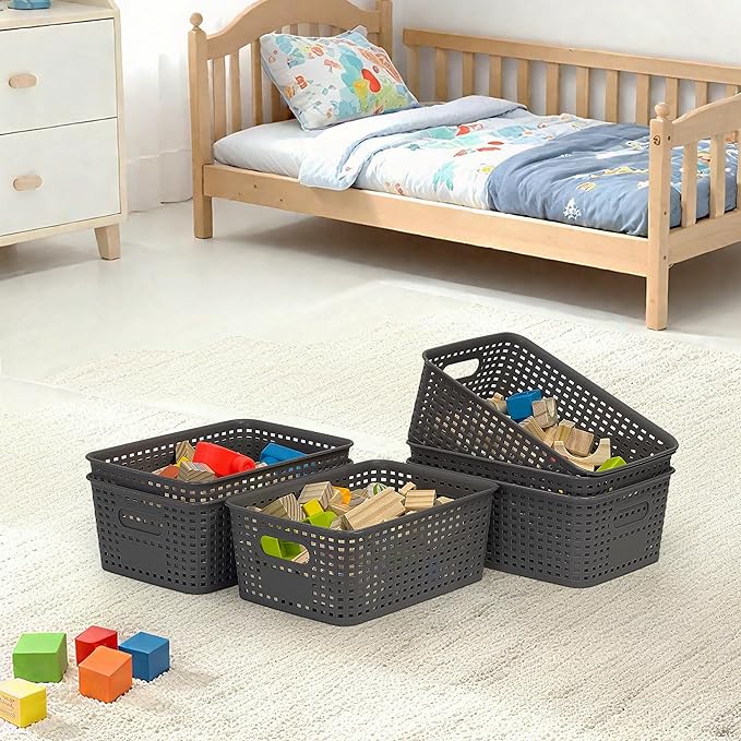 Soddeph 6 Pack Plastic Storage Baskets with Handles,Stackable Organizer Bins for Closet, Bathroom, Kitchen, Office, Shelf and Cabinet Organization (Gray, Grid-6PACK)