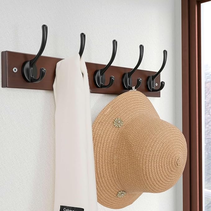 Dseap Wall Mounted Coat Rack: 16" Hole to Hole, Coat Hook Hanger with 5 Metal Hooks for Hanging Coats Towels Hats Clothes,Light Walnult