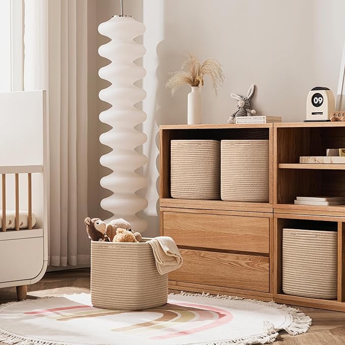 joybest 13x13x13 Inch Cube Storage Bins Set of 4, Cotton Rope Woven Organizer Basket for Shelves, Cube Bin Square Shelves Organizer Closet Storage, Nursery, Toy Organization, Brown