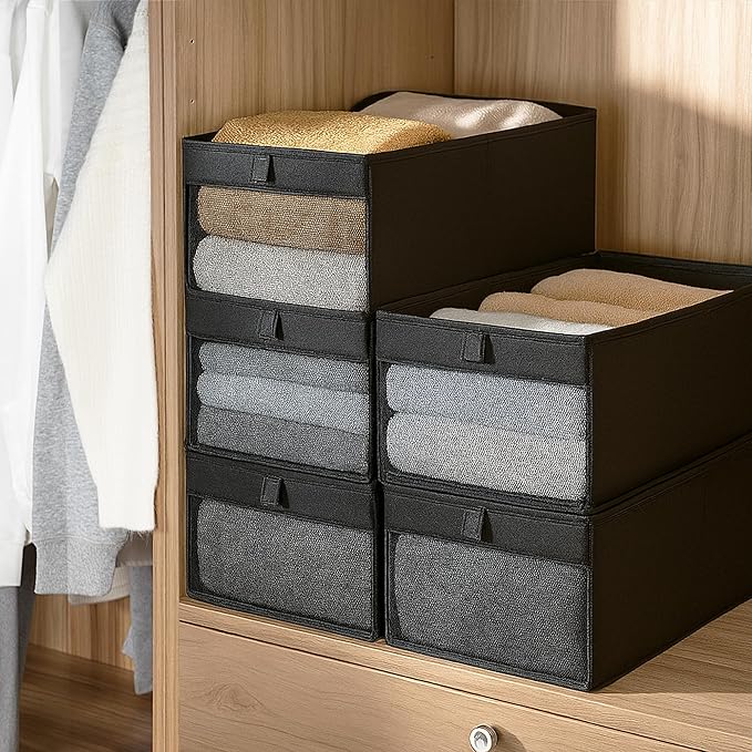 STORAGE MANIAC 6 Pack Storage Bins with Clear Window, Storage Boxes for Shelves, Sturdy Foldable Closet Organization Fabric Shelf Basket for Toy, Towel, Book, Jeans, Offices, Dorm, Wardrobe, Black