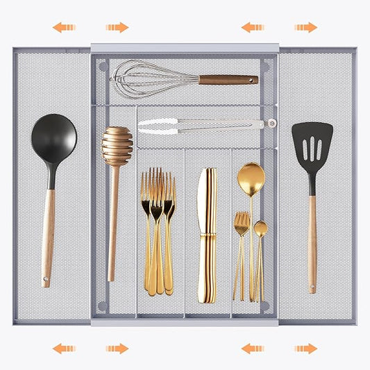 Silverware Organizer Metal Mesh, Large Drawer Organizer, Utensil Cutlery Tray for kitchen drawers, Expandable Flatware Organizer with 8 Compartment Silver 11.6"~20" x 17.3"
