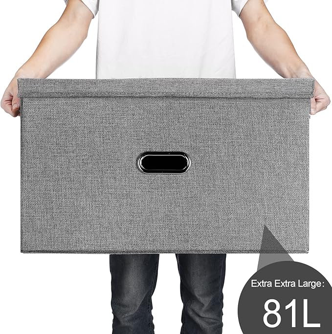 Large Linen Fabric Foldable Storage Bins with Removable Lid and Handles, Washable Storage Box Organizer Containers Baskets Cube with Cover for Bedroom,Office(Coffee, XXL)