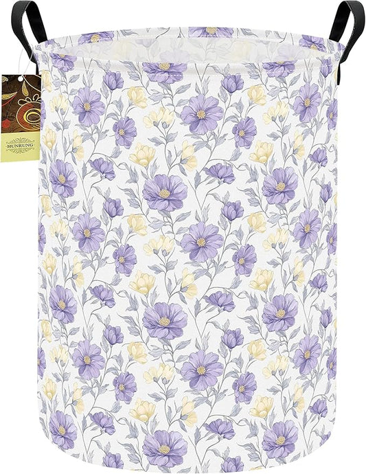 HUNRUNG Laundry Hamper,Large Canvas Fabric Lightweight Storage Basket Toy Organizer Dirty Clothes Collapsible Waterproof for College Dormsï¼Round-Purple Flowersï¼