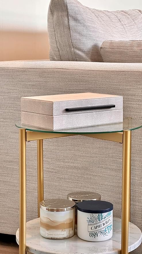 Sagala Ivory Shagreen Decorative Box with Black Handle, PU Faux Leather Keepsake and Memory Box, Exquisite Storage Box With Lids for Modern Home Decor, Jewelry Box Organizer (Ivory-Black, 1pack)