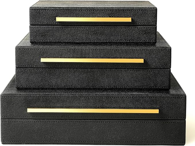 Modern Decorative Box Faux Shagreen Leather, Decorative Storage Boxes with Lids for Home Decor, Large Multifunctional Storage Jewelry Box Organizer(black 3PCS)