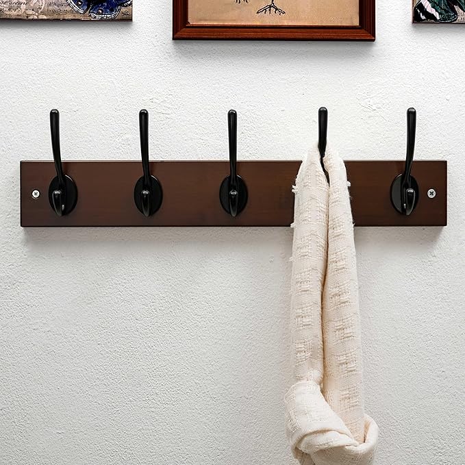 Dseap Wall Mounted Coat Rack: 16" Hole to Hole, Coat Hook Hanger with 5 Metal Hooks for Hanging Coats Towels Hats Clothes,Light Walnult