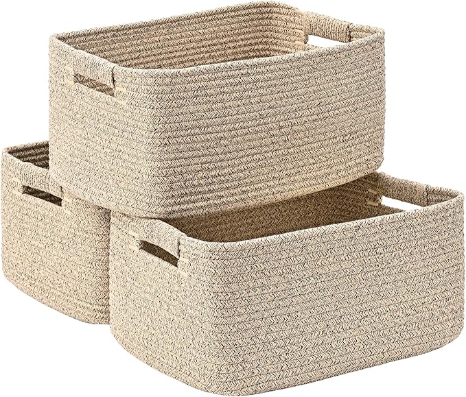 3 Pack Large Storage Basket for Organizing, 17"x12"x7.5" Woven Basket for Shelves, Closet Cube Storage Bins with Wrapped Handle, Cotton Rope Baskets for Kitchen, Clothes, Toys(Natural)