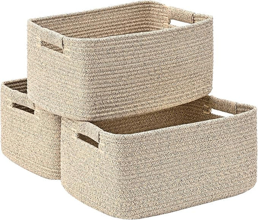 3 Pack Large Storage Basket for Organizing, 17"x12"x7.5" Woven Basket for Shelves, Closet Cube Storage Bins with Wrapped Handle, Cotton Rope Baskets for Kitchen, Clothes, Toys(Natural)