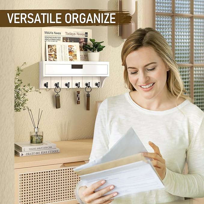 Rebee Vision Decorative Pine Wood Key Holder Wall Mount with Drawer Organizer - Mail Organizer with 6 Key Hooks - Stylish Wall Shelf for Apartment Essentials (Modern White)