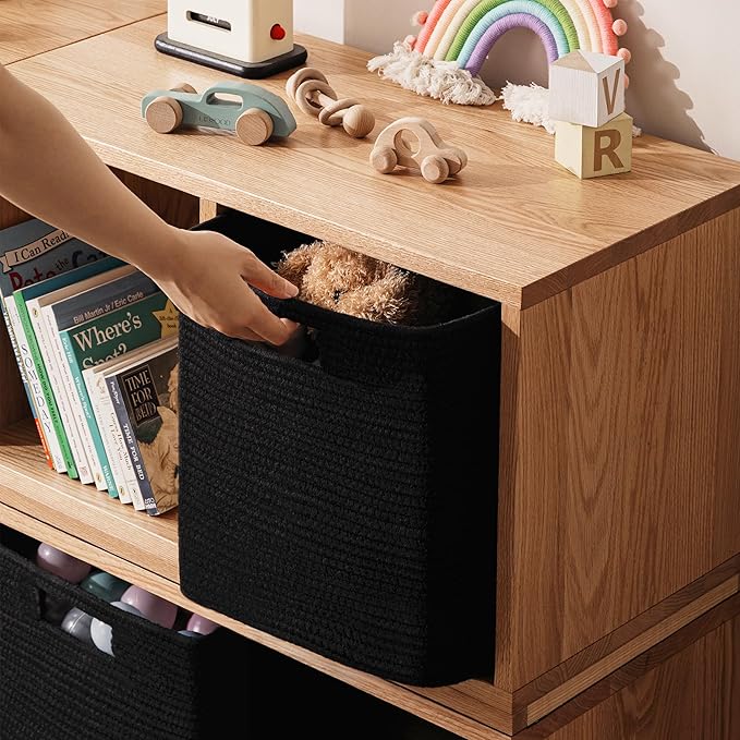 UBBCARE Set of 4 Storage Basket-13 X 13 X 13 in, Cotton Rope Basket for Shelves, Toys, Book, Cube Storage Bins with Handles, Woven Storage Basket for Organizing, Black