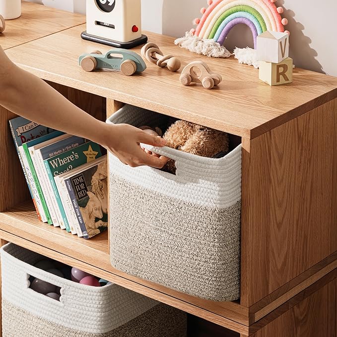 UBBCARE Set of 4 Storage Cubes-13 X 13 X 13 In, Cotton Rope Basket for Shelves, Toys, Book, Cube Storage Bin with Handles, Woven Storage Basket for Organizing, White/Brown