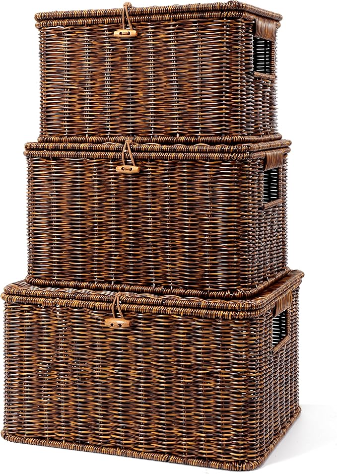 Nonam Wicket Basket with Lid, Large Shelf Baskets for Boho Deco, Plastic Storage Organizer Bins-Stackable Containers Boxes for Home & Office Shelves, Kitchen, Garage and Bathroom Organization, Brown