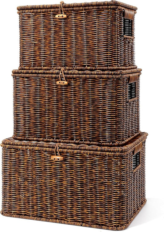 Nonam Wicket Basket with Lid, Large Shelf Baskets for Boho Deco, Plastic Storage Organizer Bins-Stackable Containers Boxes for Home & Office Shelves, Kitchen, Garage and Bathroom Organization, Brown