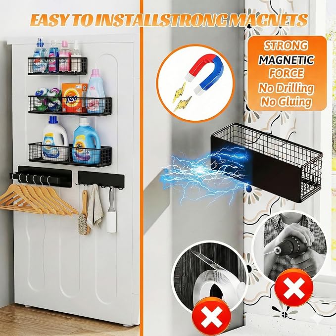 Magnetic Organizer For Refrigerator,With Spice Rack,Hooks Paper Towel Holder Utensils Racks, For Traeger Grills Of Washing Machine Side (Black, 5-Pack)