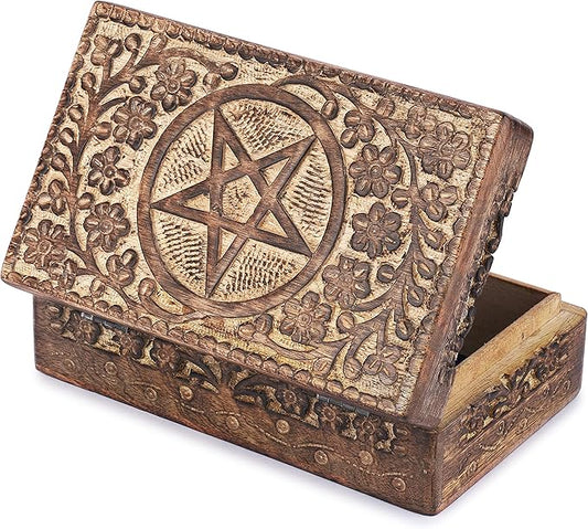 Ajuny Wooden Hand Carved Decorative Jewelry Box with Star Circle Carvings Vintage Keepsake Storage Organizer Travel Treasure Chest Trinket Holder Case Great Gifts 8x5 Inch