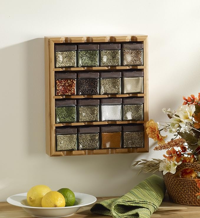 Kamenstein Jar Bamboo 3-in-1 Spice Organizer for Countertop, Wall, and Drawer with Spices Included, FREE Spice Refills for 5 Years, Lift & Pour Caps , 16 Count ( Pack of 1)