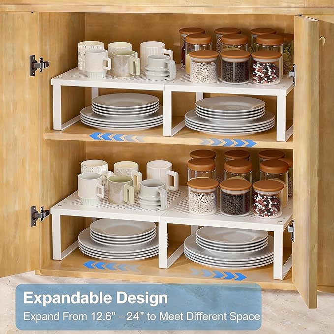 11" Wide Kitchen Adjustable Expandable Pantry Cabinet Shelf Organizer 12.6"~24,Stackable Counter Shelf 12.6" L x 11" Dx 6.3" H,Extra Storage Space Saver Shelves Rack