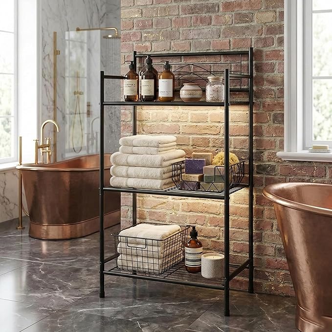 Bath Bliss 3 Tier Freestanding Bathroom Storage Shelf, Black Metal Organizer Rack | Rust Resistant Space Saving Bathroom Stand | Toilet Paper Towel Holder | Bathroom Organizer for Small Spaces