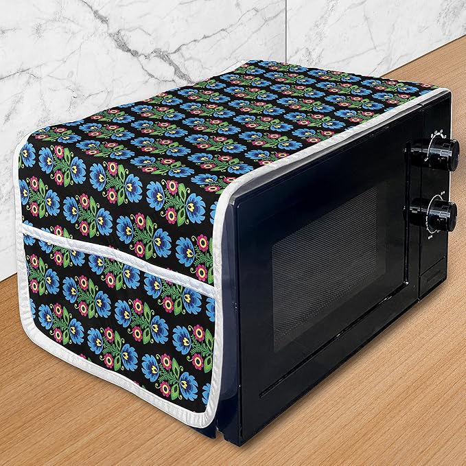 Ambesonne Folk Art Microwave Oven Cover, Culture Themed Traditional Polish Flower Ornamental Motif on Dark Background, Water Resistant Organizer with Pockets for Kitchen, 36" x 12", Black Blue