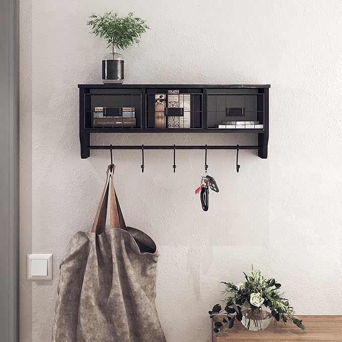 HBCY Creations Wall Mounted Shelf with Coat Hooks and Baskets, Solid Wood Entryway Organizer Wall Shelf with Hooks - Hang Coats, Keys or Coffee Mugs, Rustic Blackwash 24" Wide