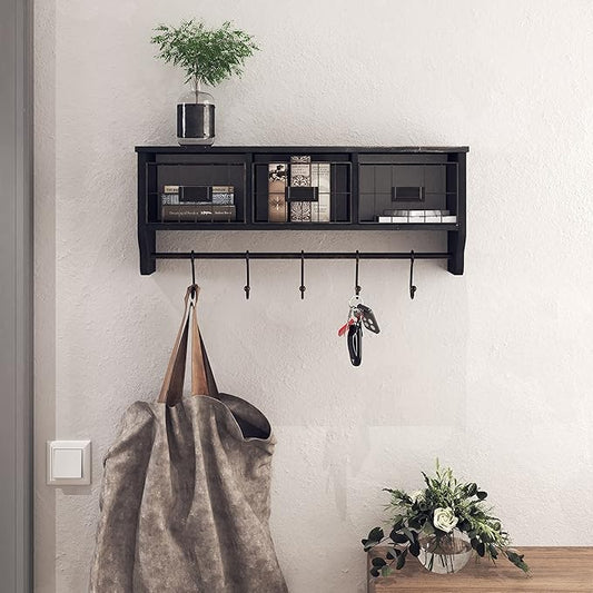 HBCY Creations Wall Mounted Shelf with Coat Hooks and Baskets, Solid Wood Entryway Organizer Wall Shelf with Hooks - Hang Coats, Keys or Coffee Mugs, Rustic Blackwash 24" Wide