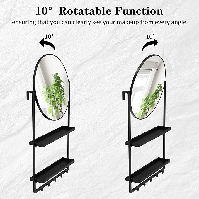 WONSTART 39.5" × 21.7" Black Round Wall Mirror with Shelf and Hooks, 10° Adjustable Tilt Metal Frame Bathroom Mirror with Shelf for Bedroom, Entryway, Living Room