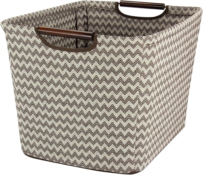 Household Essentials 661-1 Medium Tapered Fabric Storage Bin with Wood Handles | Brown Chevron