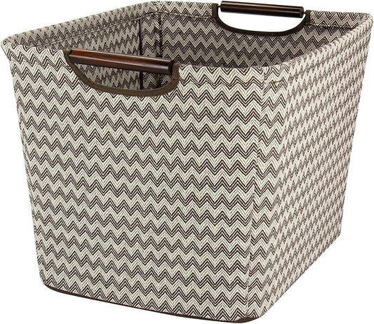Household Essentials 661-1 Medium Tapered Fabric Storage Bin with Wood Handles | Brown Chevron