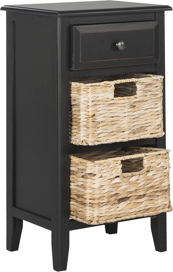 SAFAVIEH Home Collection â Everly Distressed Black 3-Drawer Side Table with Woven Basket Storage, Fully Assembled Farmhouse Accent Table (AMH5743A)