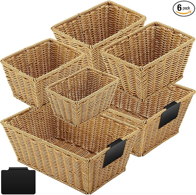 Marsui 6 Pcs Wicker Storage Baskets with Labels Handwoven Multi-size Natural Wicker Storage Bins for Organizing Small Baskets Container for Shelves Closet Pantry Toilet(Natural)