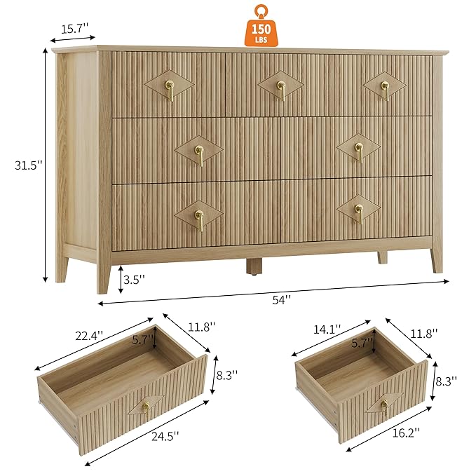 GarveeHome Fluted Dresser for Bedroom, 54 Inch Wide 7-Drawer Wood Dresser, Modern Chest of Drawers, Storage Organizer Cabinet for Living Room, Hallway, Entryway, Natural Oak