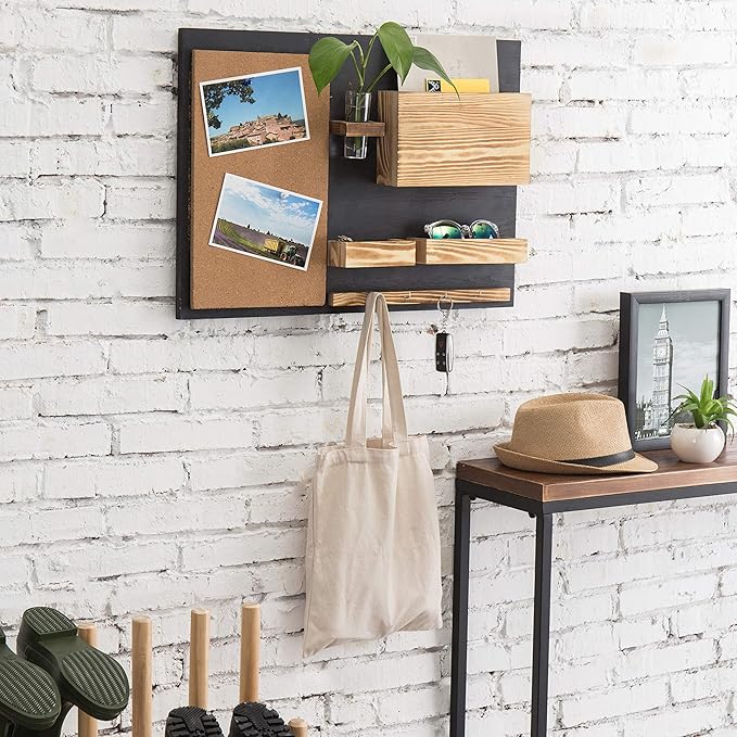 MyGift 25 x 19 Inch Wall Mounted Dual Tone Solid Wood Entryway Organizer with Cork Bulletin Board, Mail Holder, Glass Flower Vase, and 4 Hanging Hooks for Keys