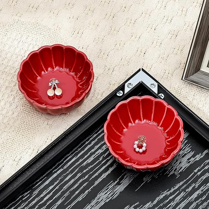 Koythin 2-Piece Small Trinket Dish, Ceramic Jewelry Ring Dish, Flower Key Holder Bowl for Women, Decorative Plate Tray for Dresser, Home Decor Organizer Trinket Tray (Round Petal Flower, Red)