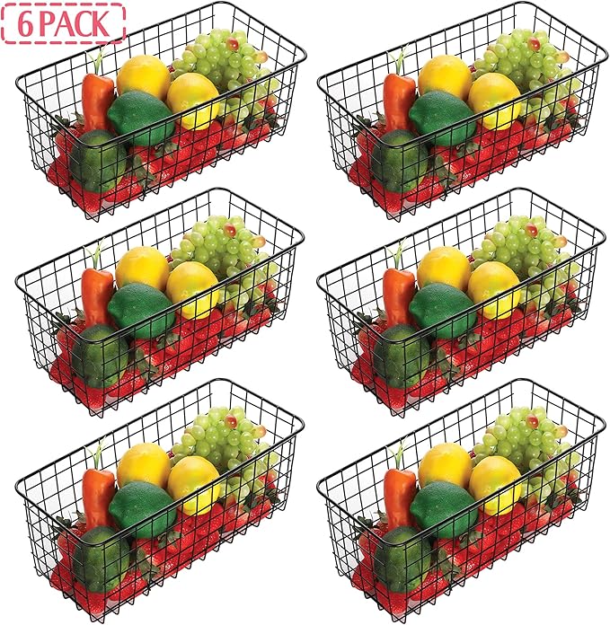 6 Pack Wire Storage Baskets Household Metal Wall-Mounted Containers Organizer Bins for Kitchen Bathroom Freezer Pantry Closet Laundry Room Cabinets Garage Shelf, Large