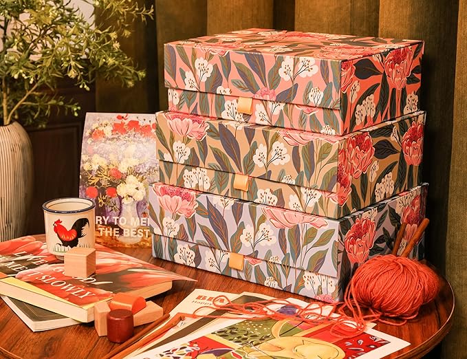 3-Piece Decorative Storage Boxes with Lids, Floral Gold Foil, Peach Pink, Light Green and Pale Blue Peonies, Cardboard Keepsake box Set, Photo Storage Box for Memory, Home Decor, Table Decor