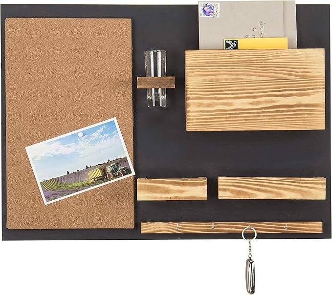 MyGift 25 x 19 Inch Wall Mounted Dual Tone Solid Wood Entryway Organizer with Cork Bulletin Board, Mail Holder, Glass Flower Vase, and 4 Hanging Hooks for Keys