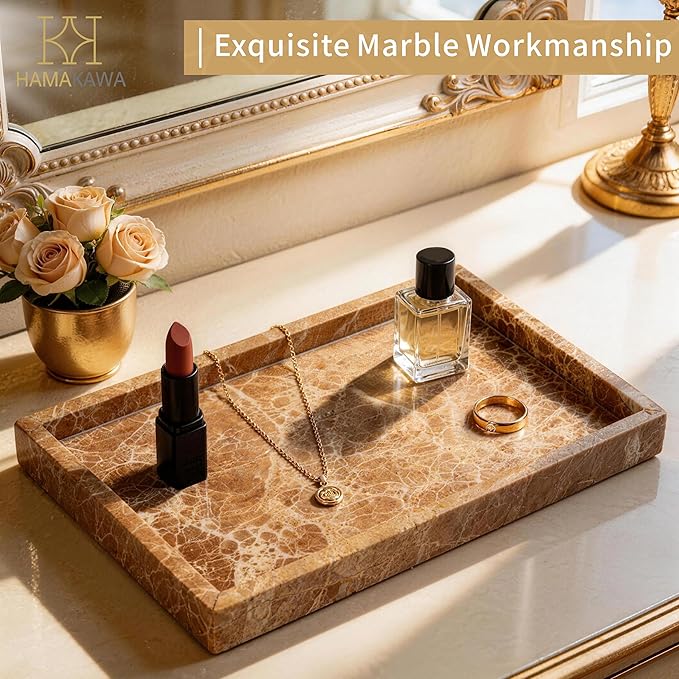 Large Bathroom Vanity Tray, Real Natural Marble Tray 12 inch, Emperador Light Marble Stone Toilet Tank Trays, Modern Dresser Trays, Countertop Organizer for Kitchen Counter, Soap Dispenser