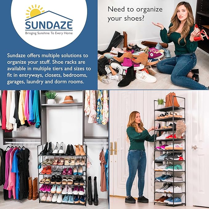 Sundaze Shoe Rack - 6 Tier Tall Shoe Rack for Closet, Sturdy Stackable Shoe Organizer for Closet, Bedroom, Entryway, Garage, Non Woven Fabric Shelf, Black, Holds 12-18 Pairs