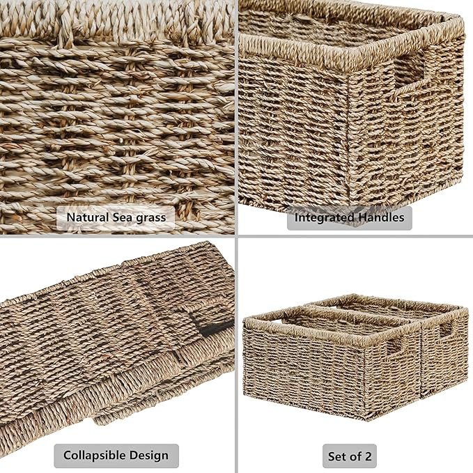Vagusicc Wicker Storage Basket, Set of 2 Hand-Woven Sea Grass Storage Baskets for Organizing, 17 inch Small Wicker Basket for Shelves, Foldable Cube Organizer Bins for Bathroom