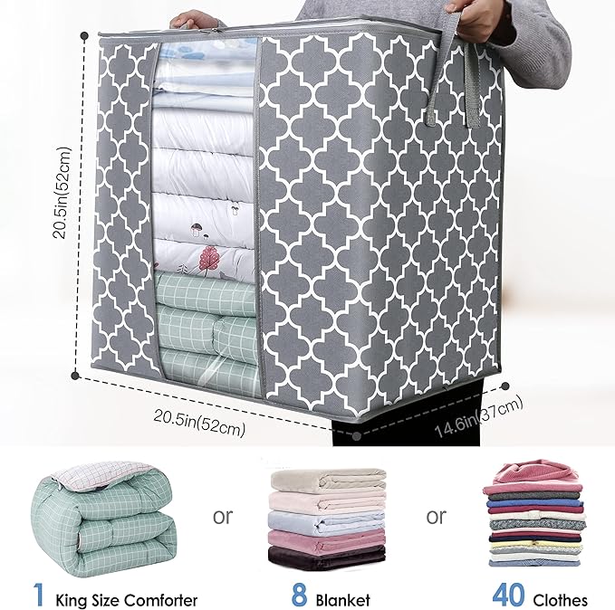 WISELIFE Storage Bags [3 Pack/100L] Large Blanket Clothes Organization and Storage Containers for Comforters,Bedding, Foldable Organizer with Reinforced Handle, Clear Window, Sturdy Zippers,Light Gray