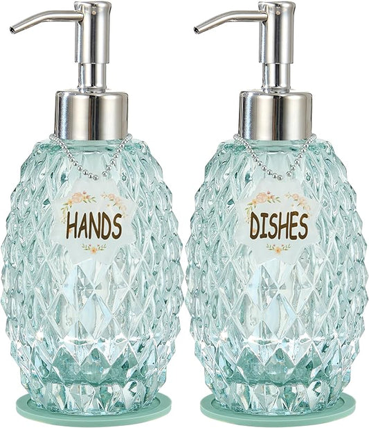 MALACHI Soap Dispenser Set, Crystal-Textured Diamond Glass with Rustproof Stainless Steel Pump, Dual-Labelled Hand & Dish Soap Dispenser for Kitchen & Bathroom