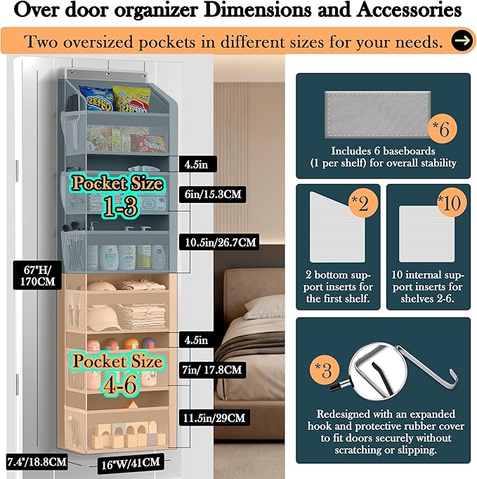 PAULONE 1 Pack Heavy Duty Over the Door Organizer, 6 Large + 12 Mesh Pockets with 89 lbs Capacity, Space-Saving Hanging Storage for Shoes, Toys, Bedroom & Closet (6-Layer Light Gray)