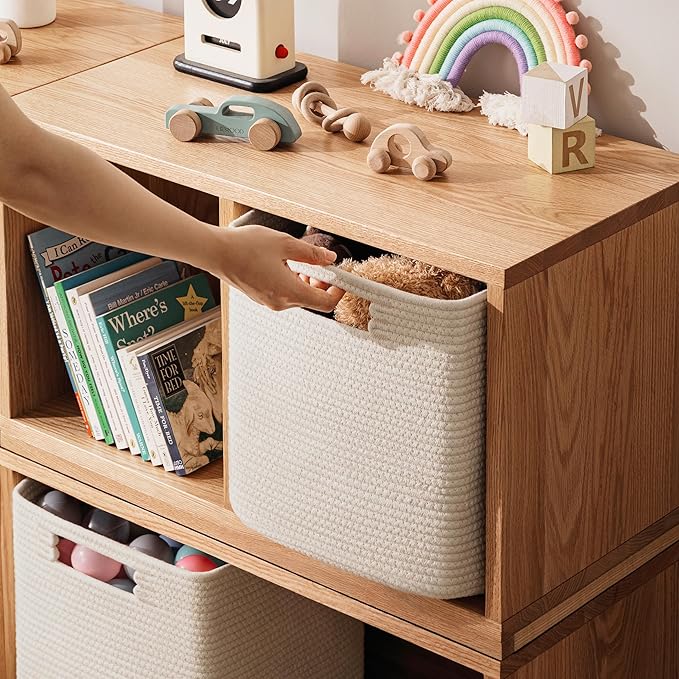 UBBCARE Set of 3 Cotton Rope Basket 13 X 13 X 13 Inches, Woven Storage Baskets for Shelves, Organizing with Handles, Cube Storage Bins for Storage Books, Magazines, Beige