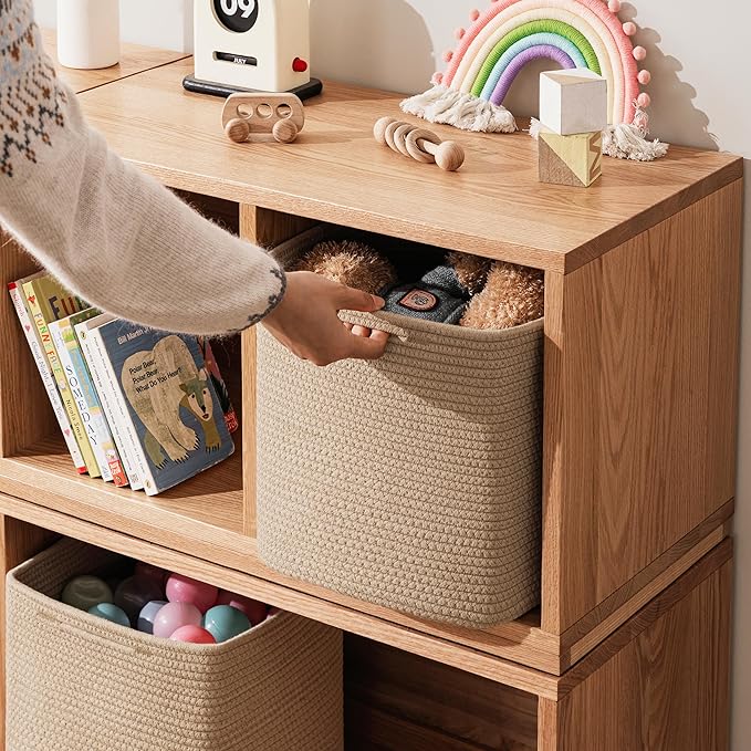 joybest 13x13x13 Inch Cube Storage Bins Set of 4, Cotton Rope Woven Organizer Basket for Shelves, Cube Bin Square Shelves Organizer Closet Storage, Nursery, Toy Organization, Brown