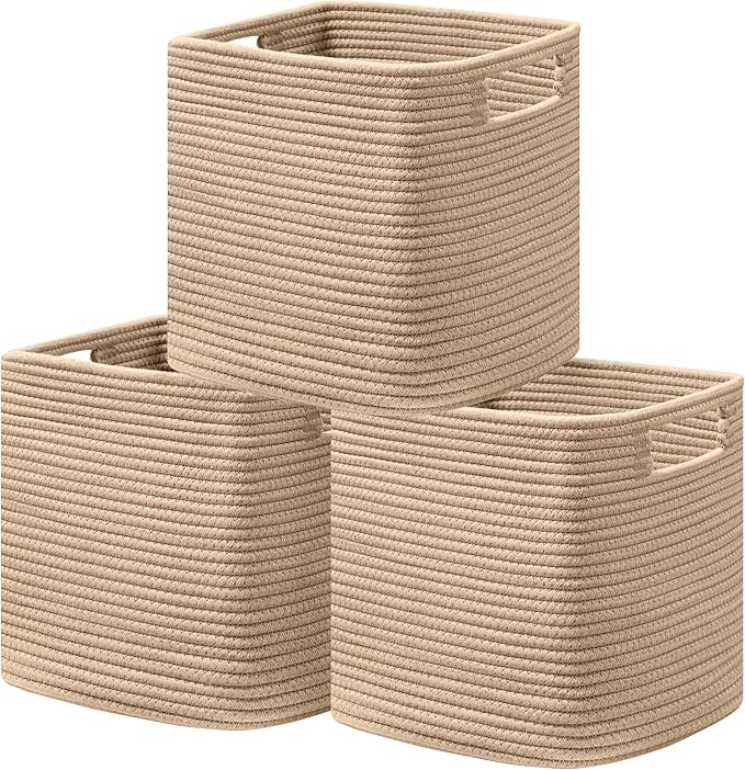 UBBCARE Set of 3 Cotton Rope Basket 13 X 13 X 13 Inches, Woven Storage Baskets for Shelves, Organizing with Handles, Cube Storage Bins for Storage Books, Magazines, Brown