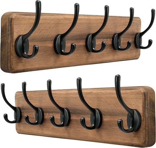 Dseap Wall Mounted Coat Rack: Patented, Heavy-Duty, 17.4" Long 5-Double-Hooks Wooden Hanger Rail for Winter Coats, Hat, Jacket, Clothing - Natural & Black, Pack of 2