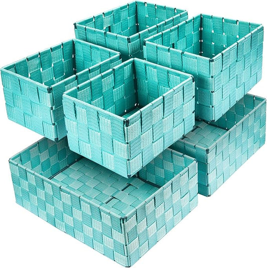 Woven Storage Baskets, Storage Bins, Cube Basket Container Baskets Storage Boxes Organizers for Clothes /Shelves/ Closet, Set of 6 (Aqua)