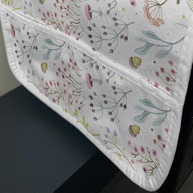 Ambesonne Colorful Microwave Oven Cover, Pastel Toned Watercolor Arrangement with Mushrooms and Wildflowers Dotted Design, Water Resistant Organizer with Pockets for Kitchen, 36" x 12", Green Pink